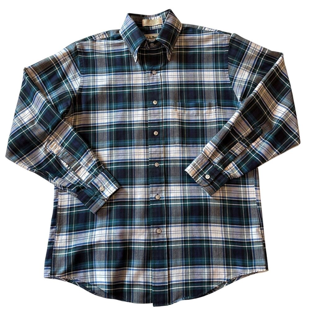 Vintage LL Bean Shirt Mens 15 Medium Blue Tartan Plaid Button Up Long Sleeve 90s